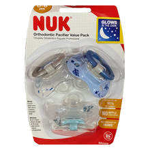 Load image into Gallery viewer, NUK Orthodontic Glows in The Dark Pacifiers 0 - 6m Value Pack - Blue/Clear/Clear