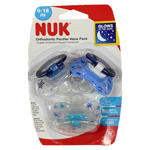 NUK Orthodontic Glows in The Dark Pacifiers 6 - 18m Value Pack - Blue/Clear/Clear