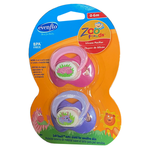 Evenflo Zoo Friends Silicone Pacifiers 0 - 6m 6480511 - Pink/Purple