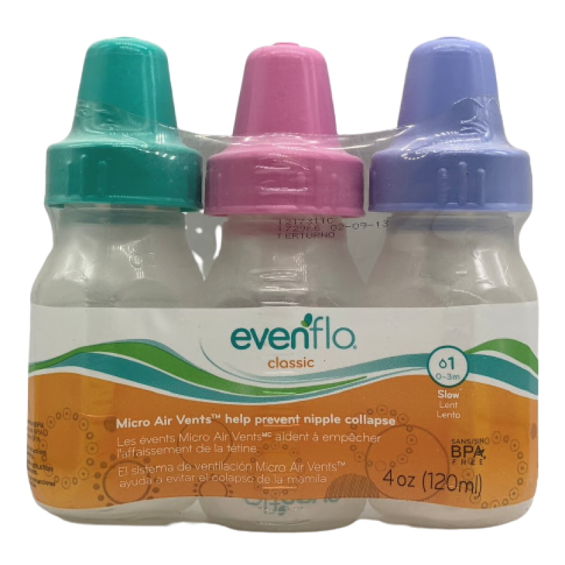 Evenflo Classic Micro Air Vents Baby Bottles Set 4 oz 1217311 - Teal/Pink/Purple